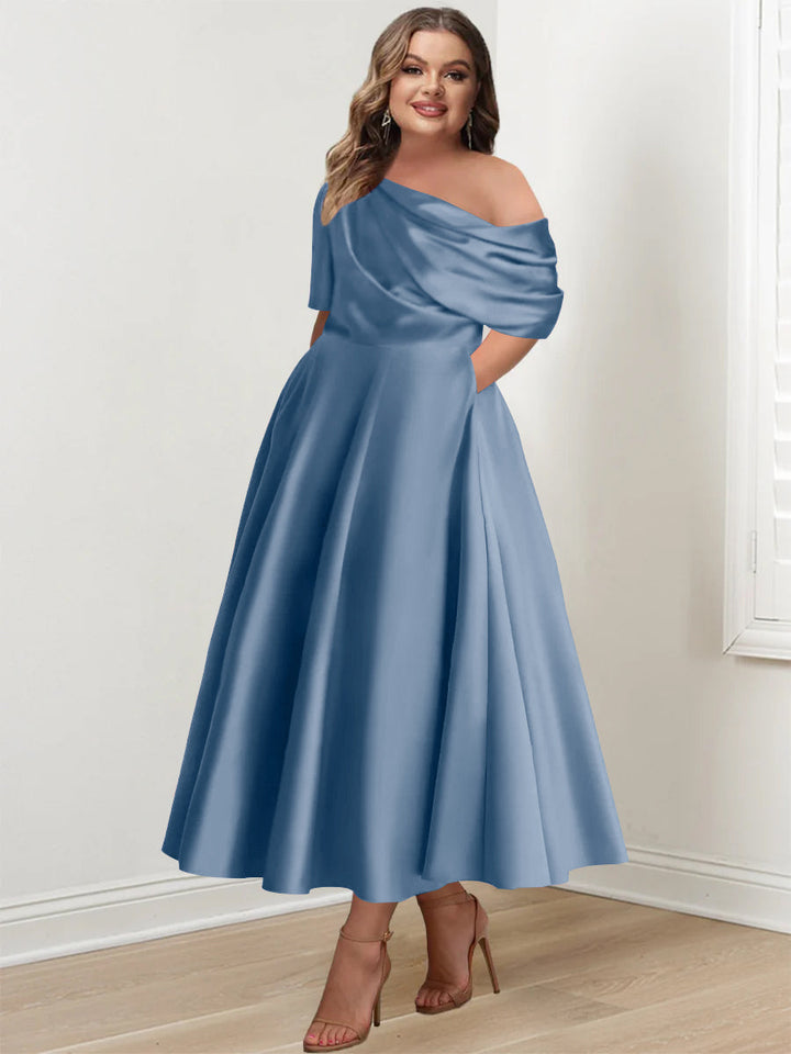 A-Line/Princess One-shoulder Half Sleeve Ankle-Length Plus Size Mother of the Bride Dresses with Ruffles