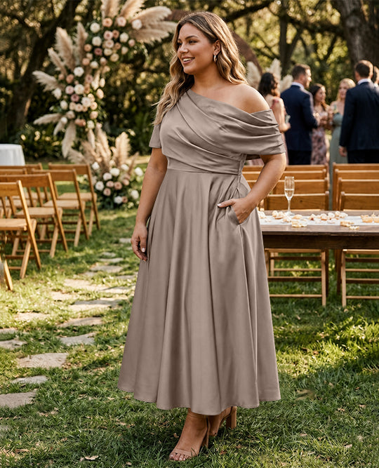 A-Line/Princess One-shoulder Half Sleeve Ankle-Length Plus Size Mother of the Bride Dresses with Ruffles