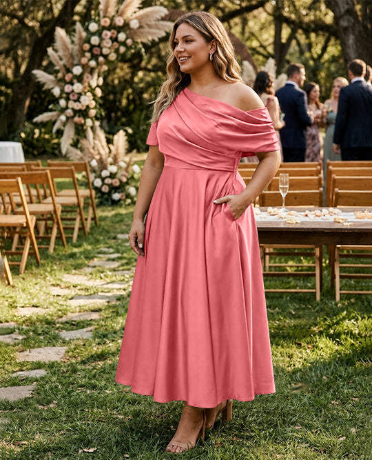 A-Line/Princess One-shoulder Half Sleeve Ankle-Length Plus Size Mother of the Bride Dresses with Ruffles