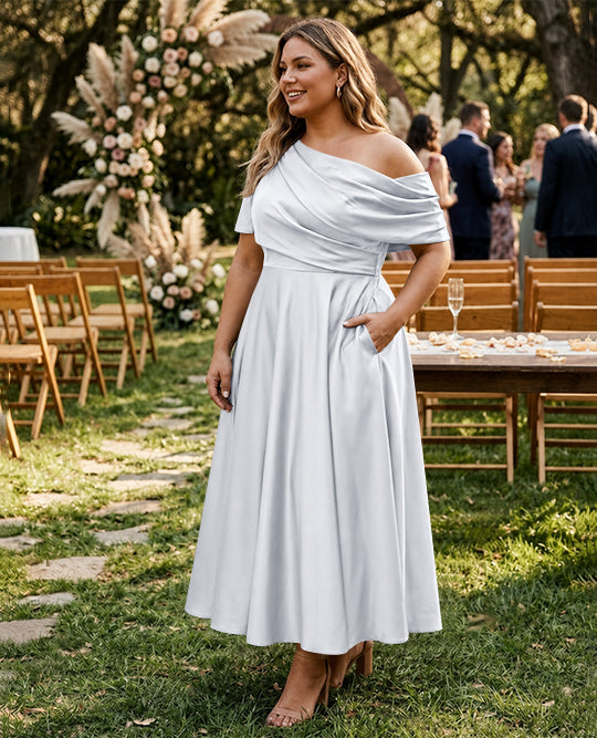 A-Line/Princess One-shoulder Half Sleeve Ankle-Length Plus Size Mother of the Bride Dresses with Ruffles