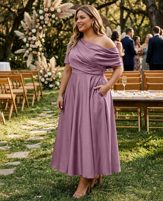 A-Line/Princess One-shoulder Half Sleeve Ankle-Length Plus Size Mother of the Bride Dresses with Ruffles