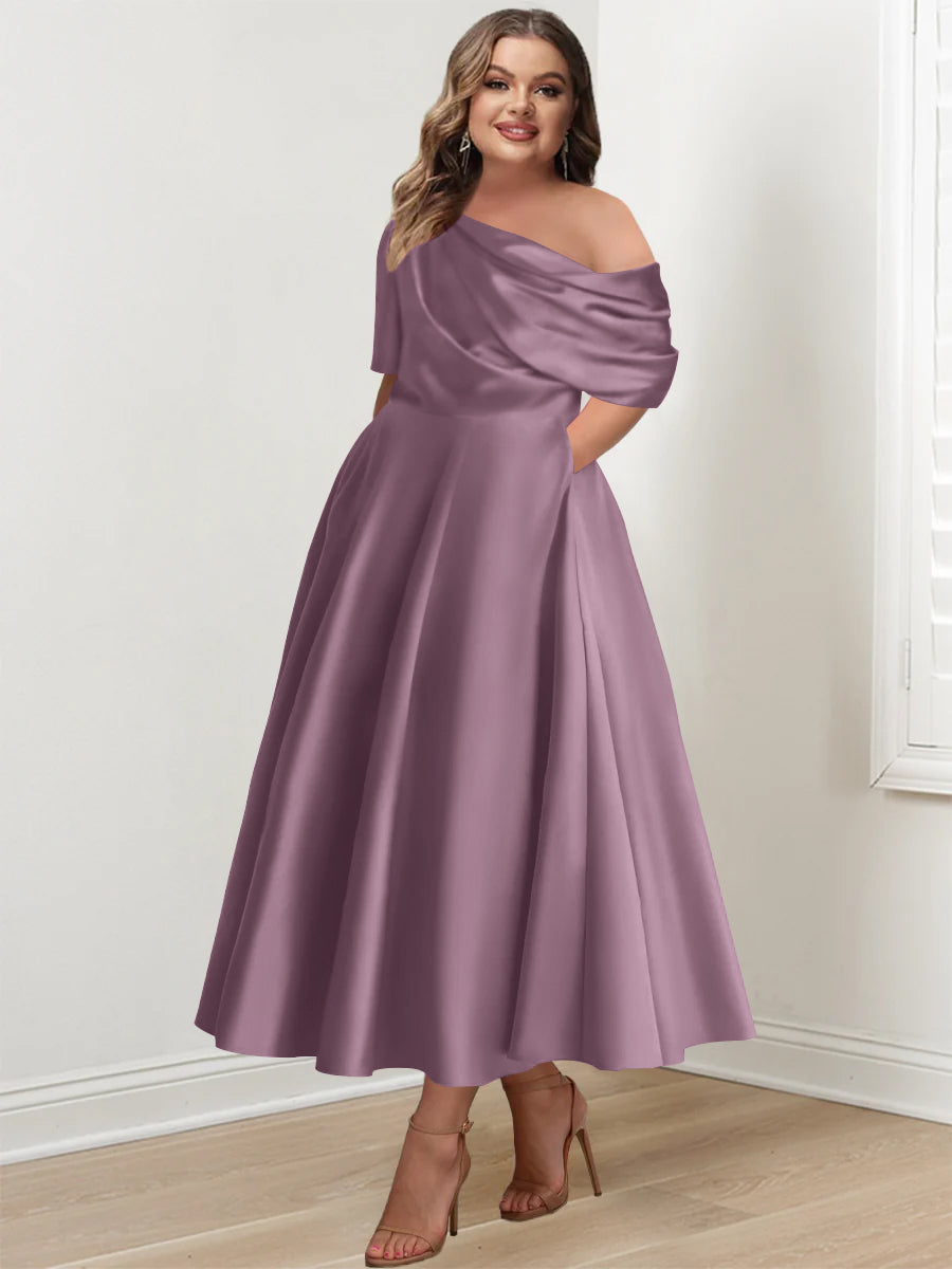 A-Line/Princess One-shoulder Half Sleeve Ankle-Length Plus Size Mother of the Bride Dresses with Ruffles