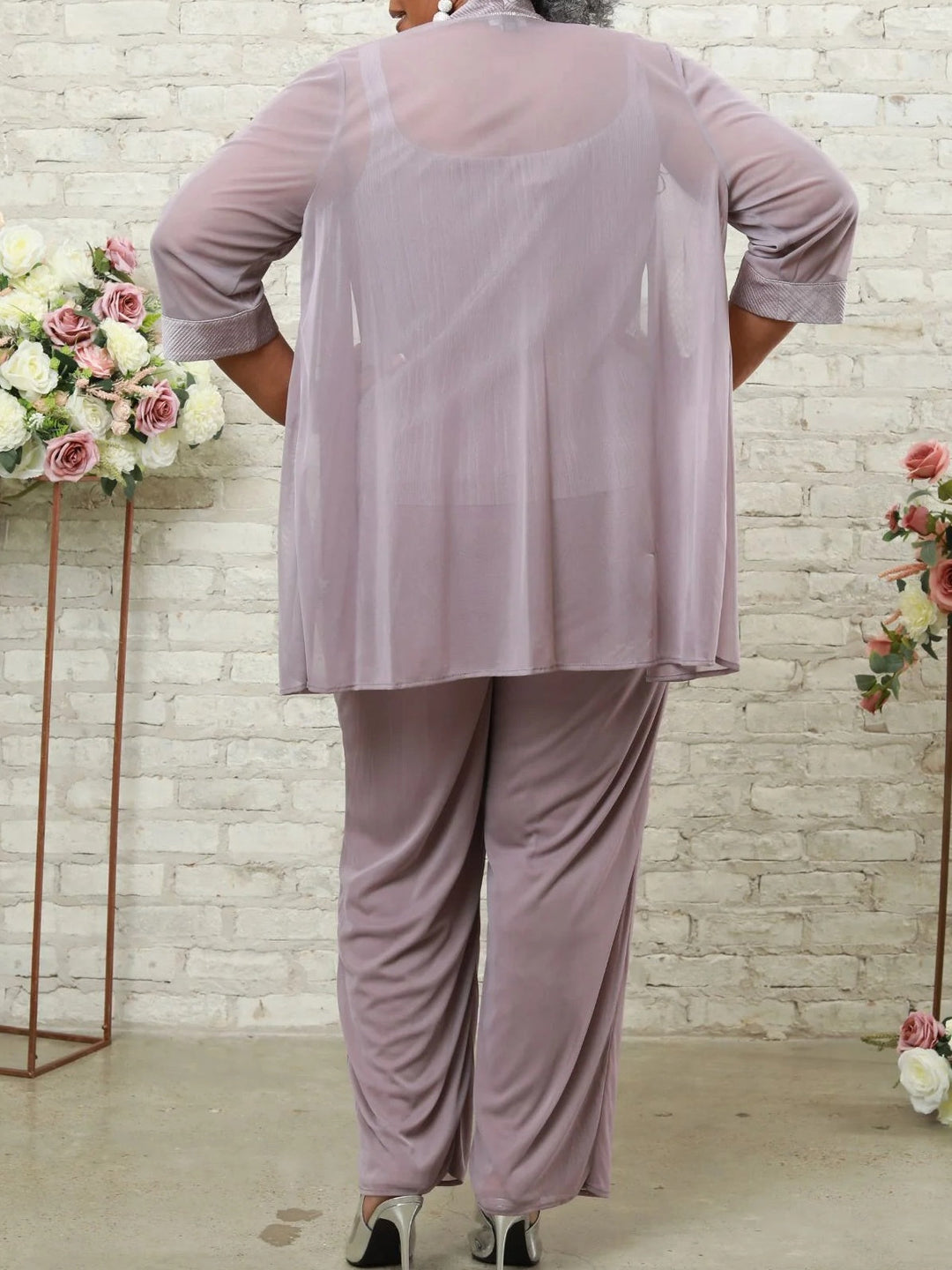 Polyester 3 Pieces Square Neck 3/4 Length Sleeves Plus Size Mother of the Bride Dresses with Jacket & Sheer Sleeves