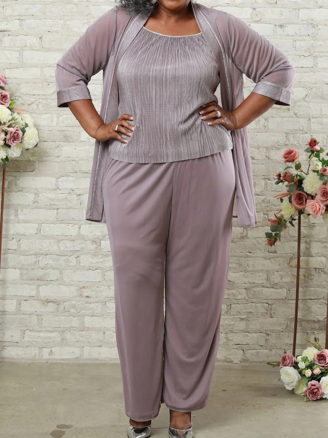 Polyester 3 Pieces Square Neck 3/4 Length Sleeves Plus Size Mother of the Bride Dresses with Jacket & Sheer Sleeves