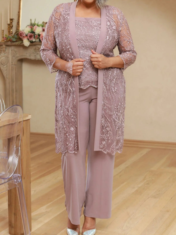 Polyester 3 Pieces Square Neck 3/4 Length Sleeves Plus Size Mother of the Bride Dresses with Jacket & Shimmering Print