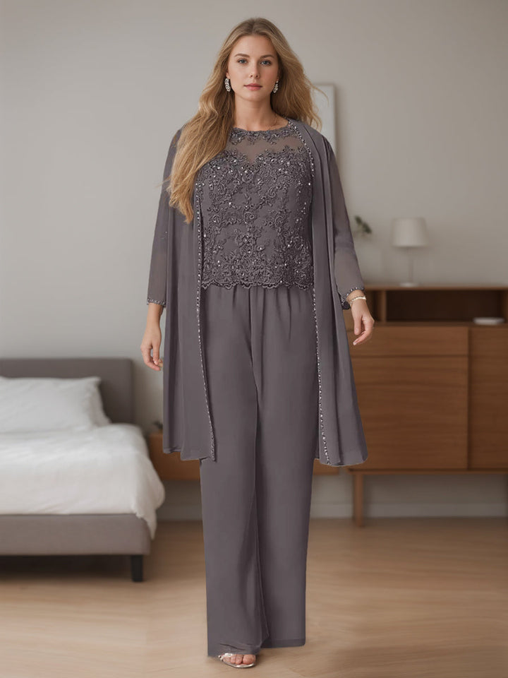 Chiffon 3 Pieces Scoop Neck Long Sleeves Floor-Length Plus Size Mother Of The Bride Pantsuits With Jacket