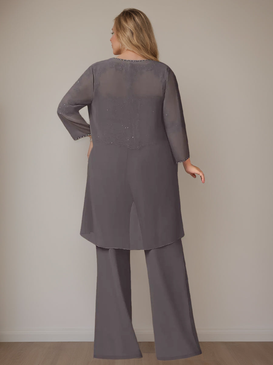 Chiffon 3 Pieces Scoop Neck Long Sleeves Floor-Length Plus Size Mother Of The Bride Pantsuits With Jacket