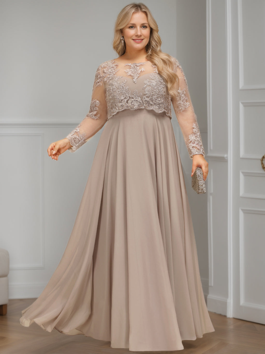 A-Line/Princess Scoop Long Sleeves Floor-Length Plus Size Mother of the Bride Dresses with Sequins