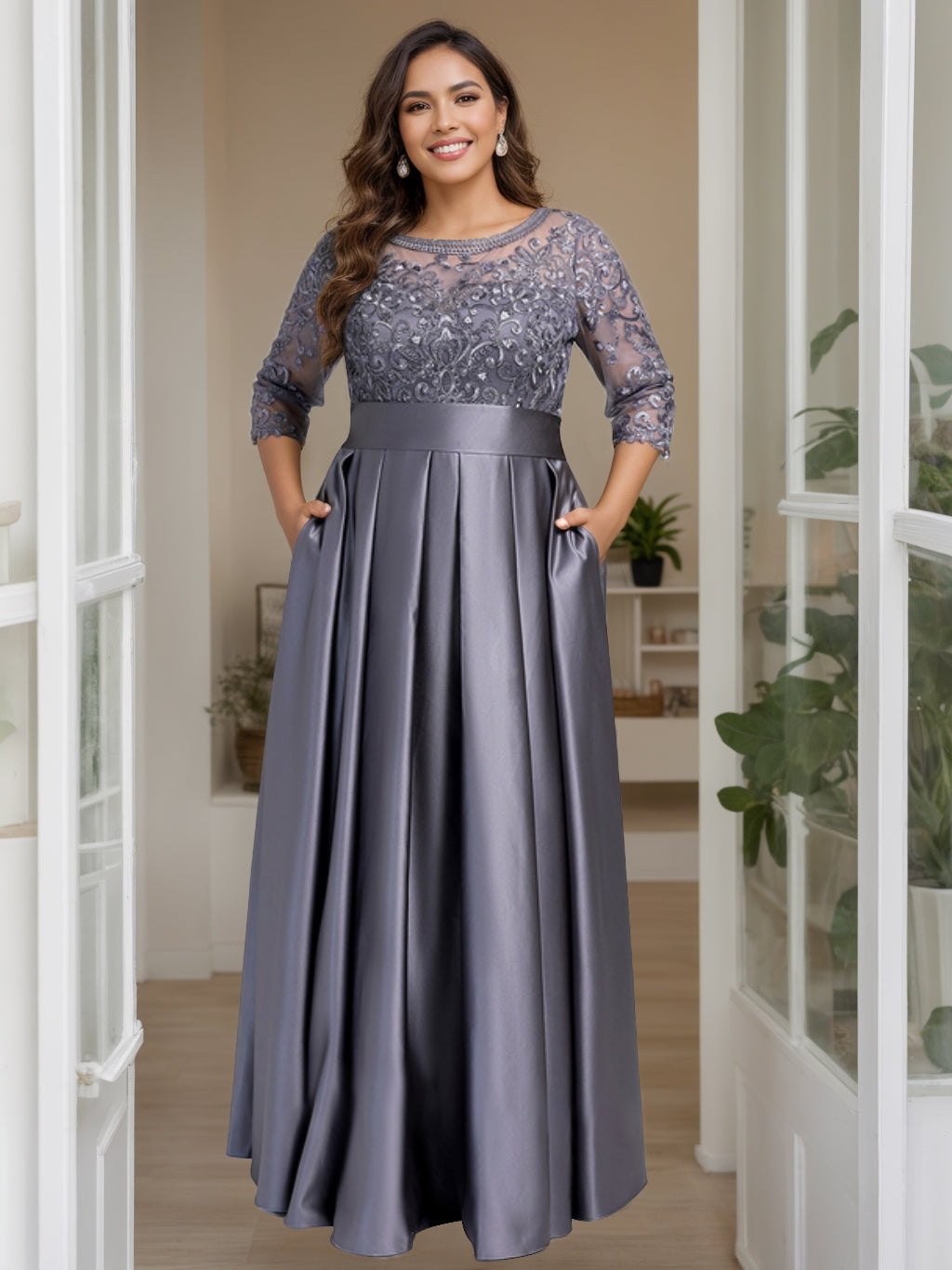 A-Line/Princess Scoop 3/4 Length Sleeves Floor-Length Plus Size Mother of the Bride Dresses with Bow & Sequins