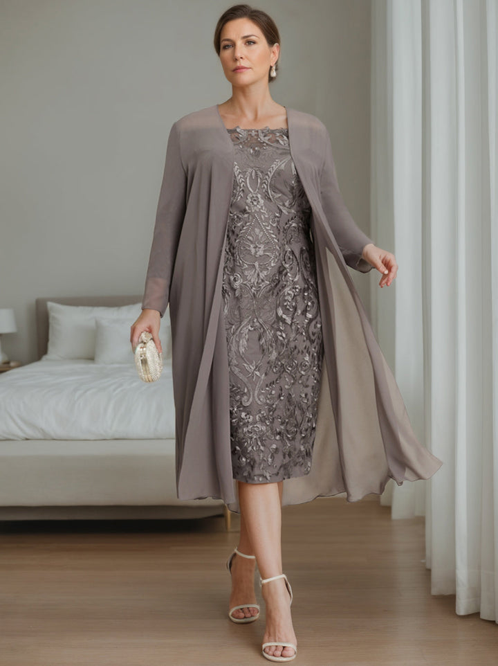 Sheath/Column Off-the-Shoulder 3/4 Length Sleeves Knee-Length Plus Size Mother of the Bride Dresses with Jacket