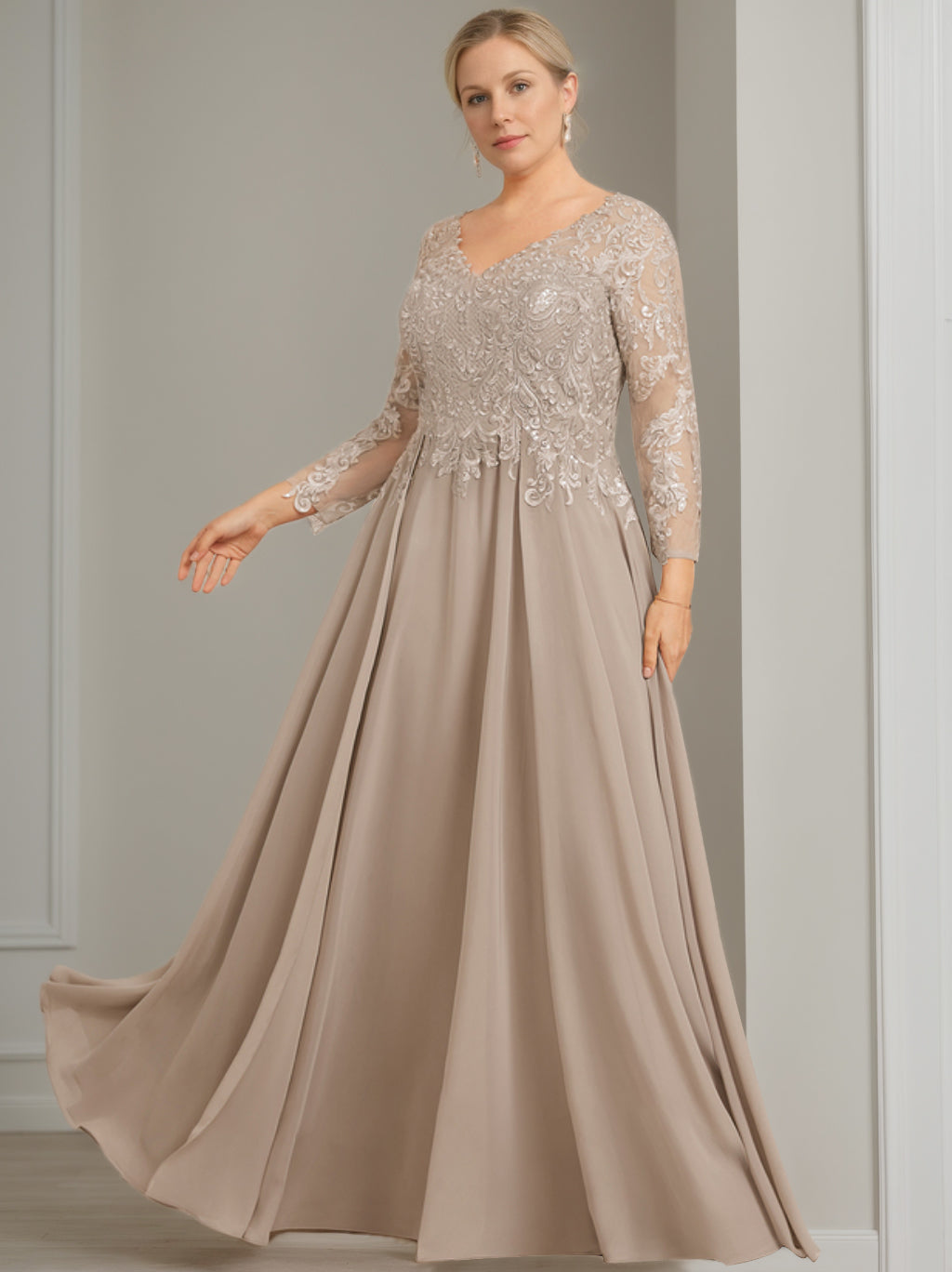 A-Line/Princess V-Neck 3/4 Length Sleeves Floor-Length Plus Size Mother of the Bride Dresses with Sequins