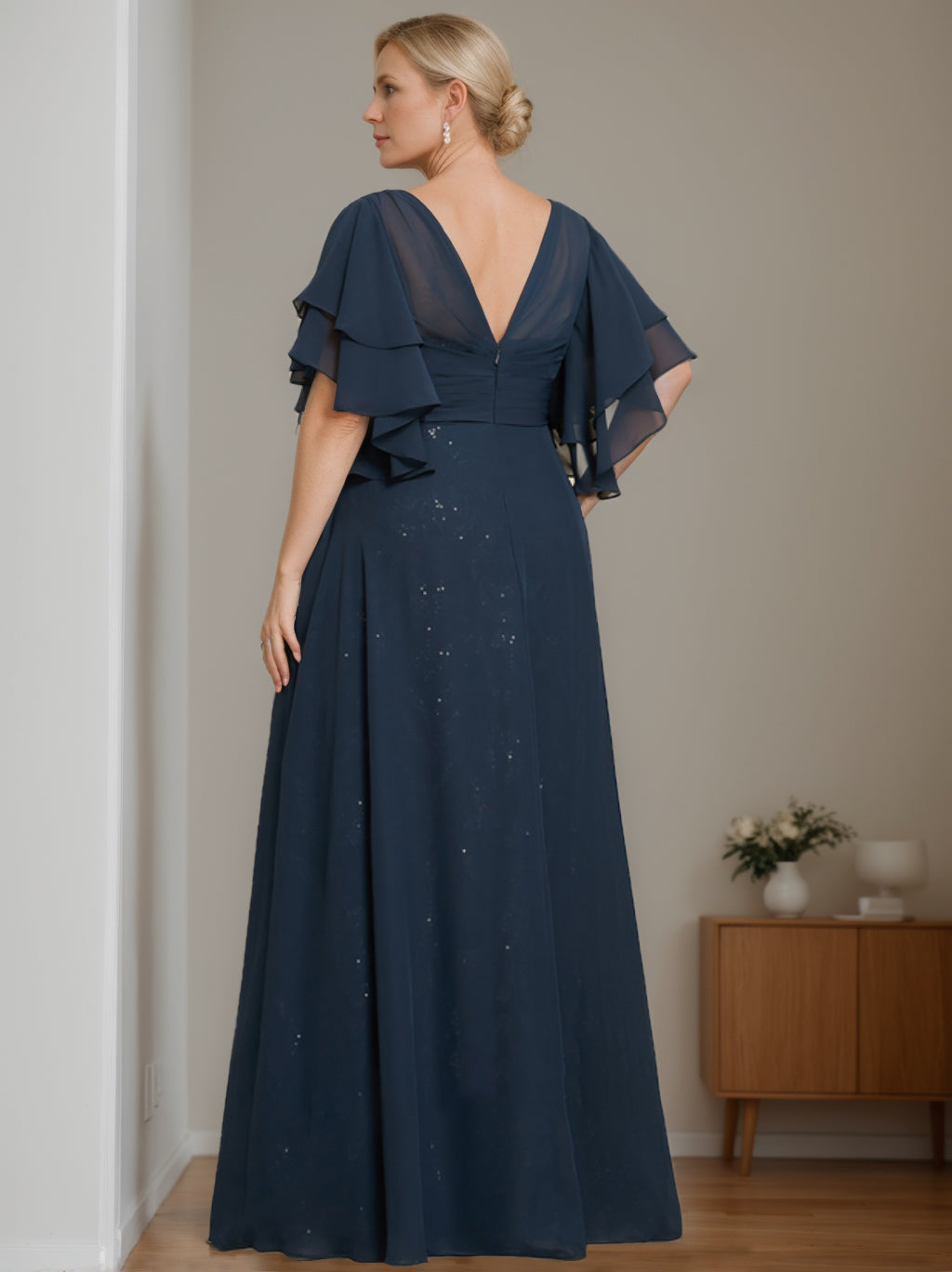 A-Line/Princess V-Neck Half Sleeves Floor-Length Plus Size Mother of the Bride Dresses with Pleated