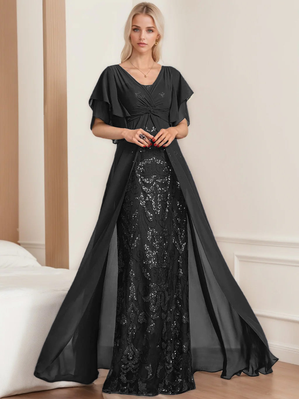 A-Line/Princess V-Neck Half Sleeves Floor-Length Plus SizeMother of the Bride Dresses with Pleated