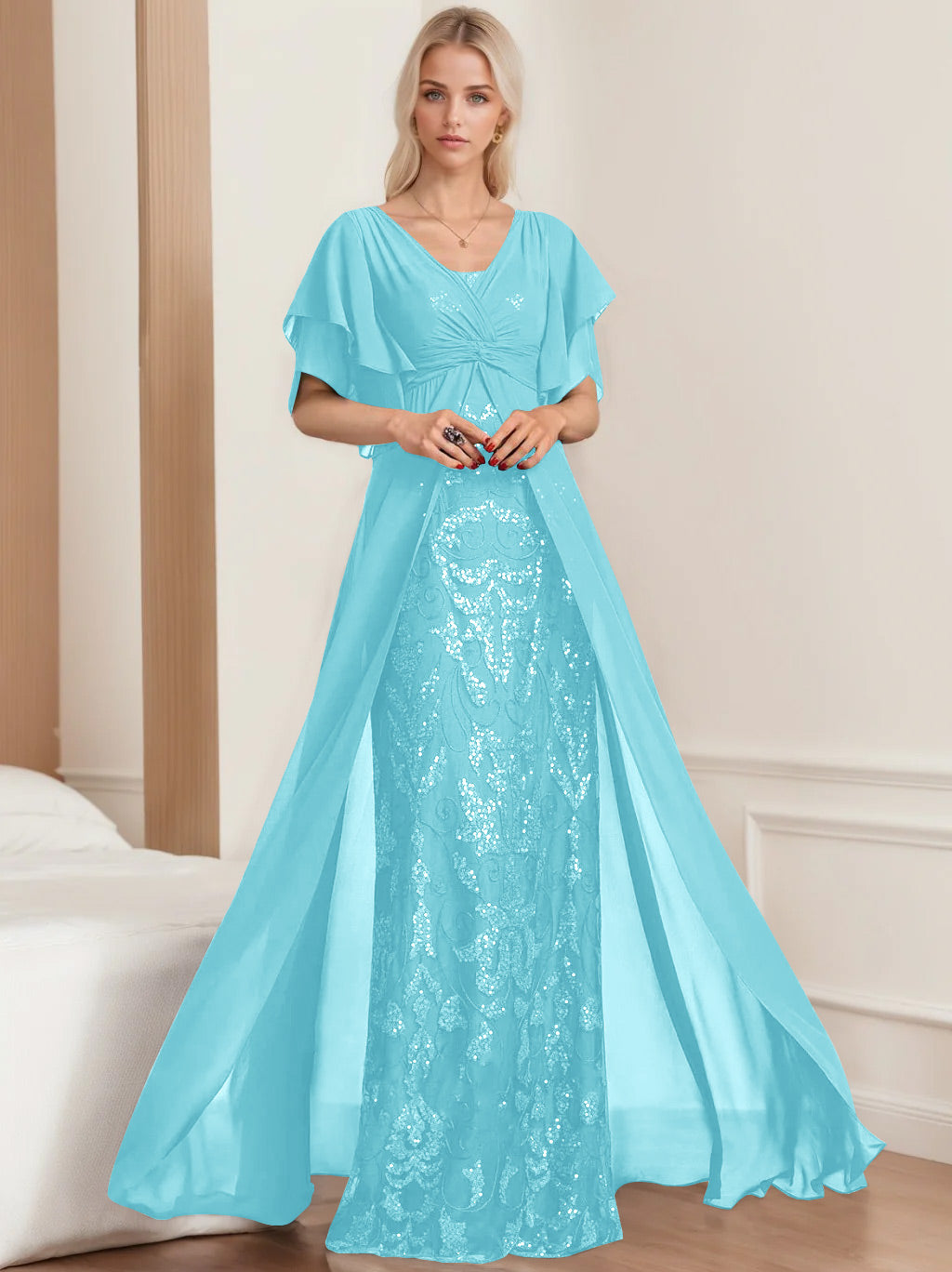 A-Line/Princess V-Neck Half Sleeves Floor-Length Plus SizeMother of the Bride Dresses with Pleated