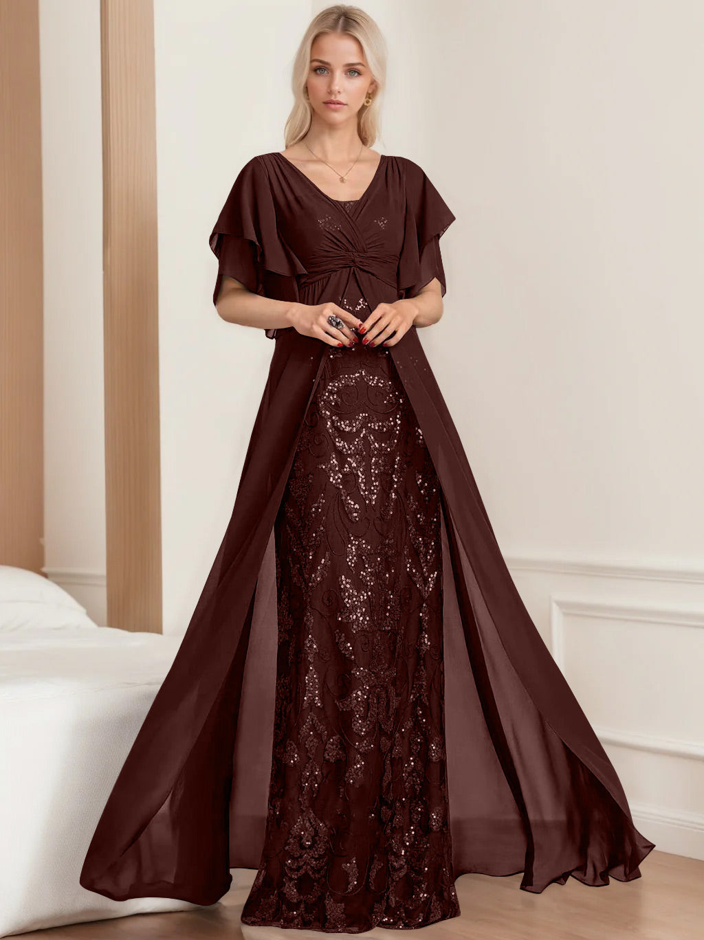 A-Line/Princess V-Neck Half Sleeves Floor-Length Plus SizeMother of the Bride Dresses with Pleated