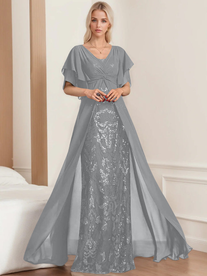 A-Line/Princess V-Neck Half Sleeves Floor-Length Plus SizeMother of the Bride Dresses with Pleated