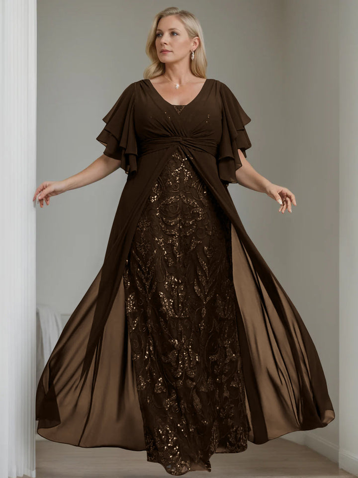 A-Line/Princess V-Neck Half Sleeves Floor-Length Plus Size Mother of the Bride Dresses with Pleated