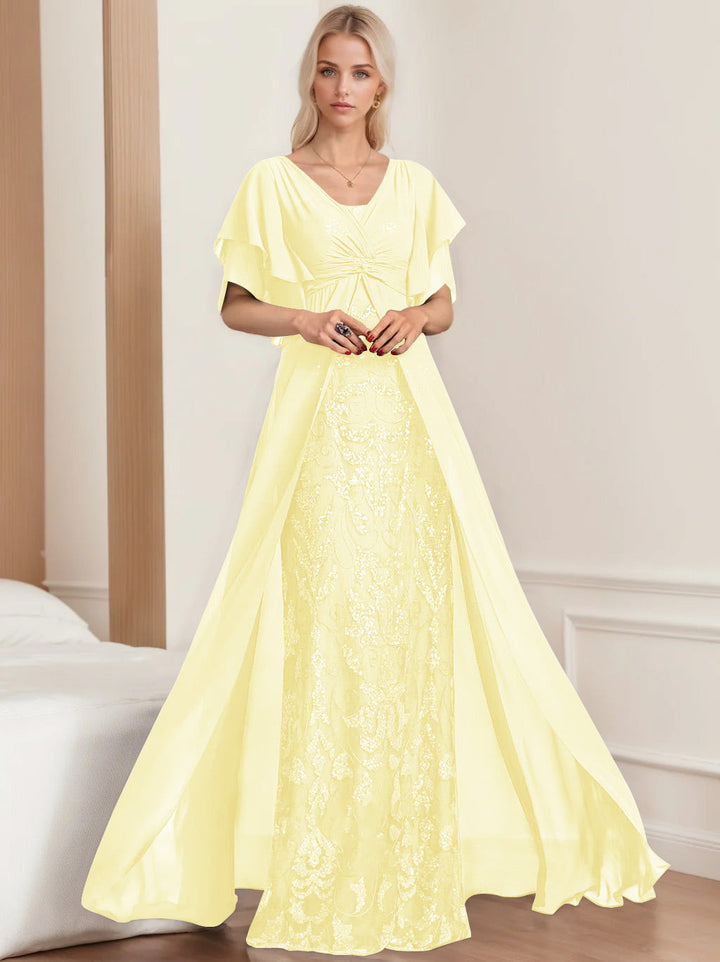 A-Line/Princess V-Neck Half Sleeves Floor-Length Plus SizeMother of the Bride Dresses with Pleated