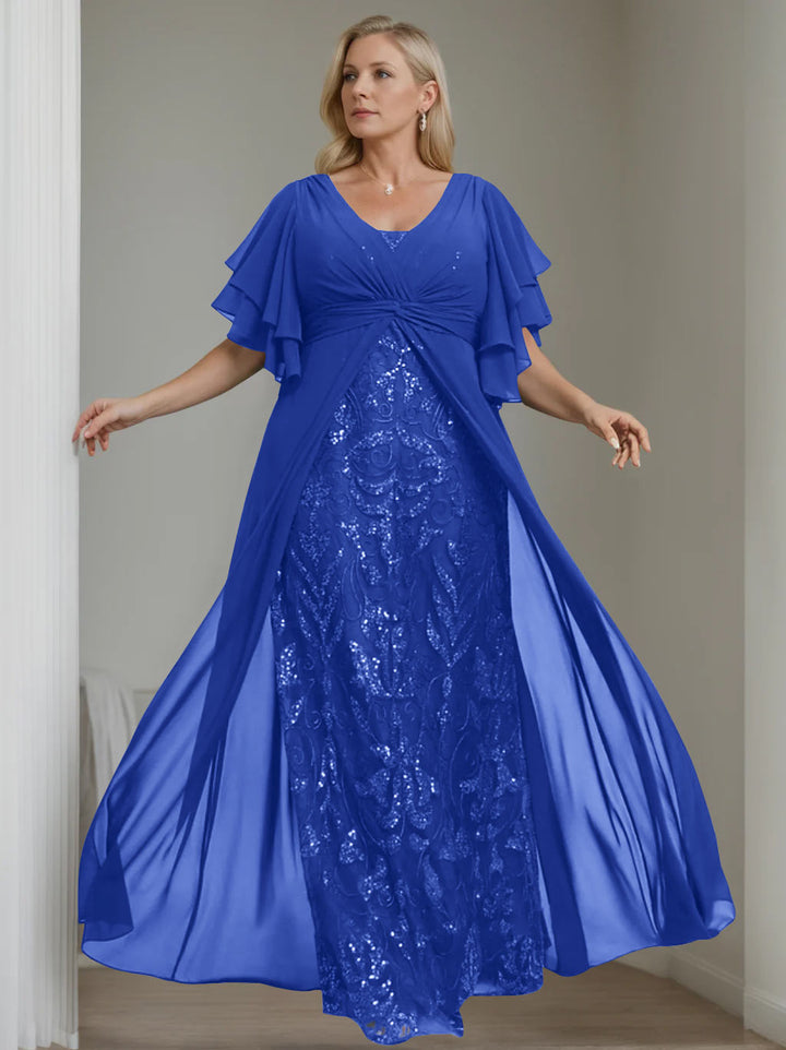 A-Line/Princess V-Neck Half Sleeves Floor-Length Plus Size Mother of the Bride Dresses with Pleated