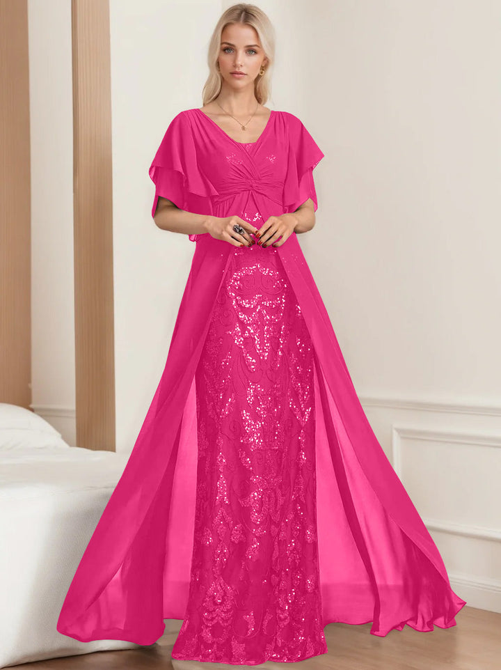 A-Line/Princess V-Neck Half Sleeves Floor-Length Plus SizeMother of the Bride Dresses with Pleated