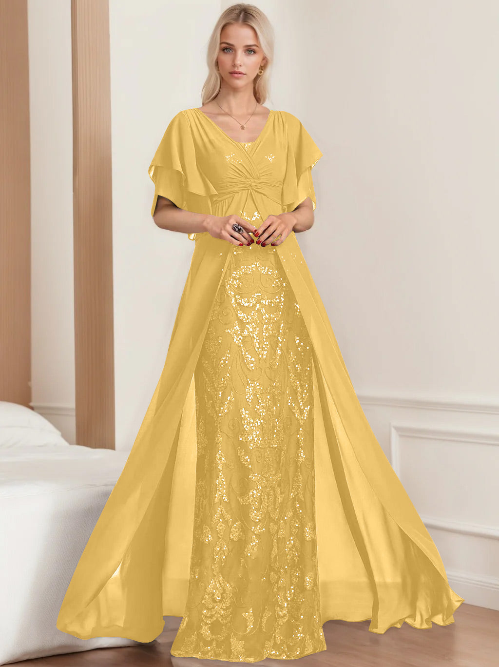 A-Line/Princess V-Neck Half Sleeves Floor-Length Plus SizeMother of the Bride Dresses with Pleated