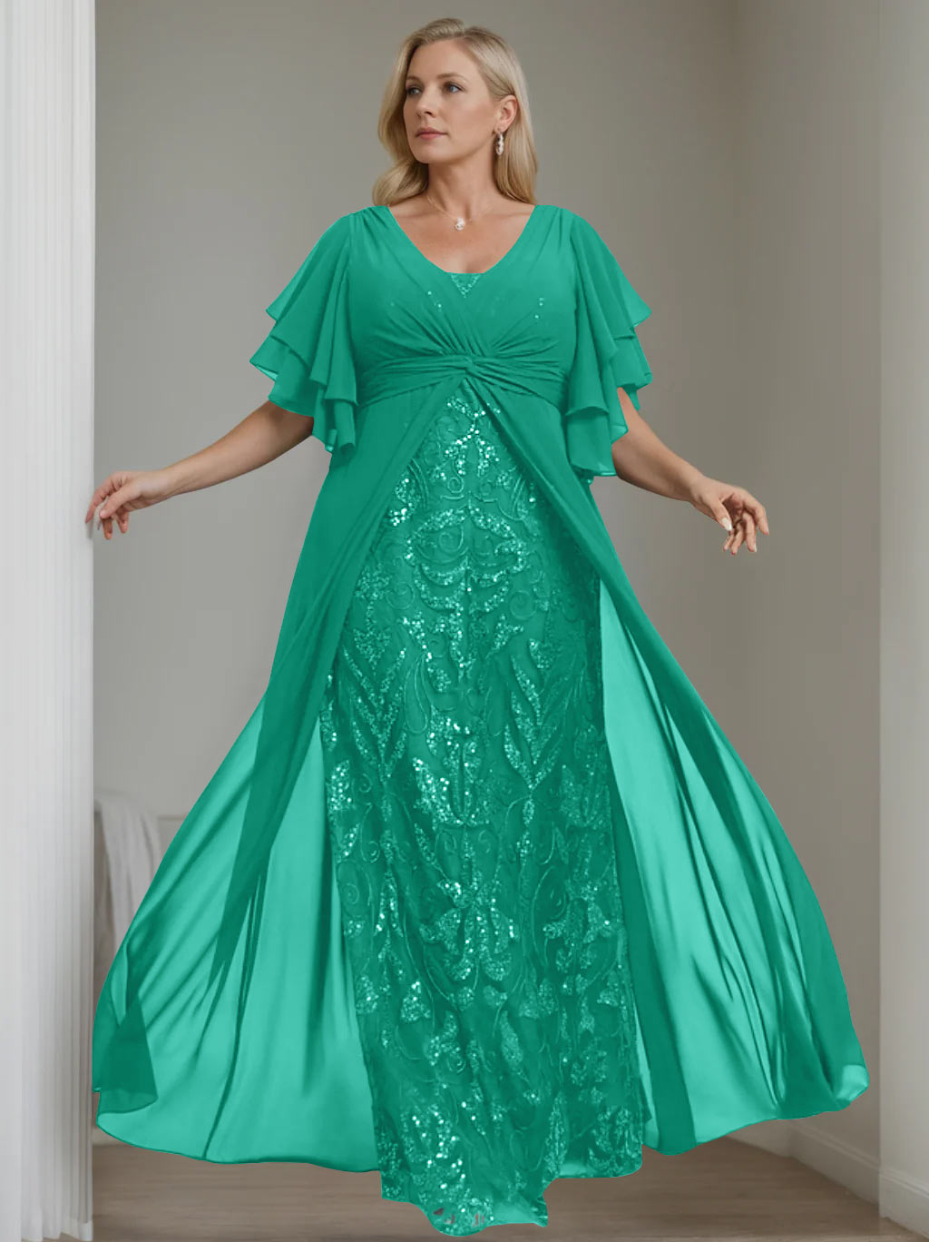 A-Line/Princess V-Neck Half Sleeves Floor-Length Plus Size Mother of the Bride Dresses with Pleated