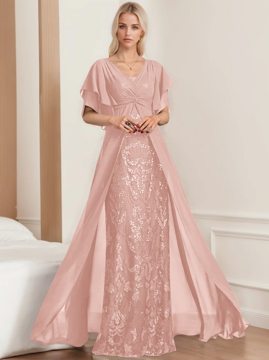 A-Line/Princess V-Neck Half Sleeves Floor-Length Plus SizeMother of the Bride Dresses with Pleated