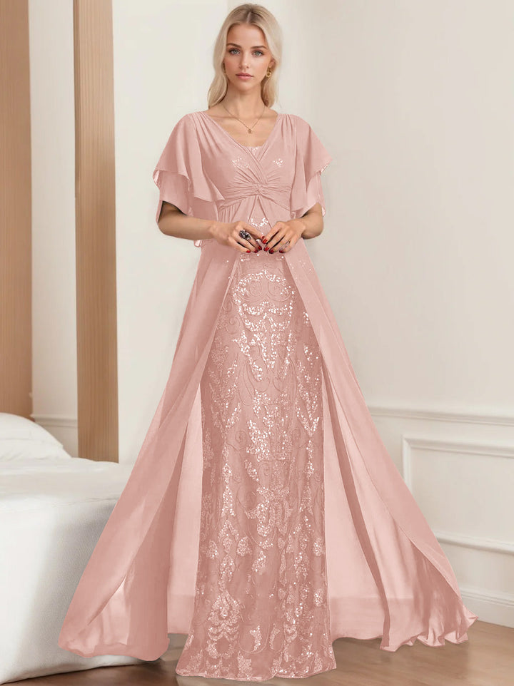 A-Line/Princess V-Neck Half Sleeves Floor-Length Plus SizeMother of the Bride Dresses with Pleated