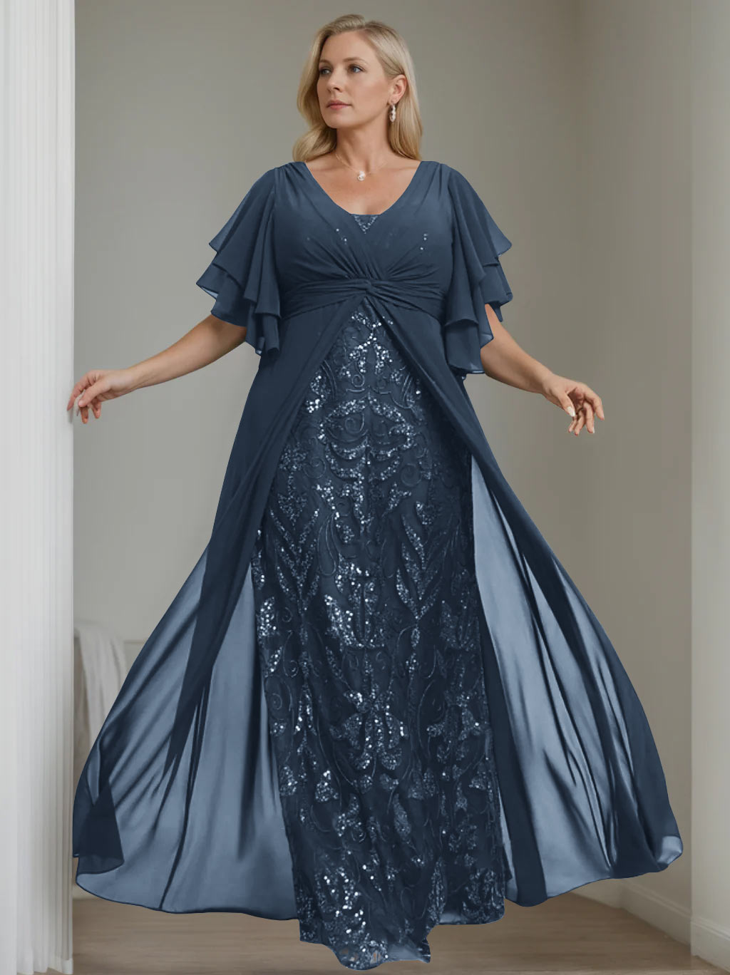 A-Line/Princess V-Neck Half Sleeves Floor-Length Plus SizeMother of the Bride Dresses with Pleated