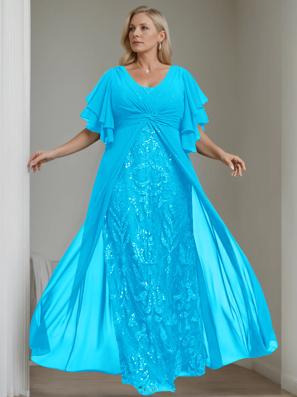 A-Line/Princess V-Neck Half Sleeves Floor-Length Plus Size Mother of the Bride Dresses with Pleated