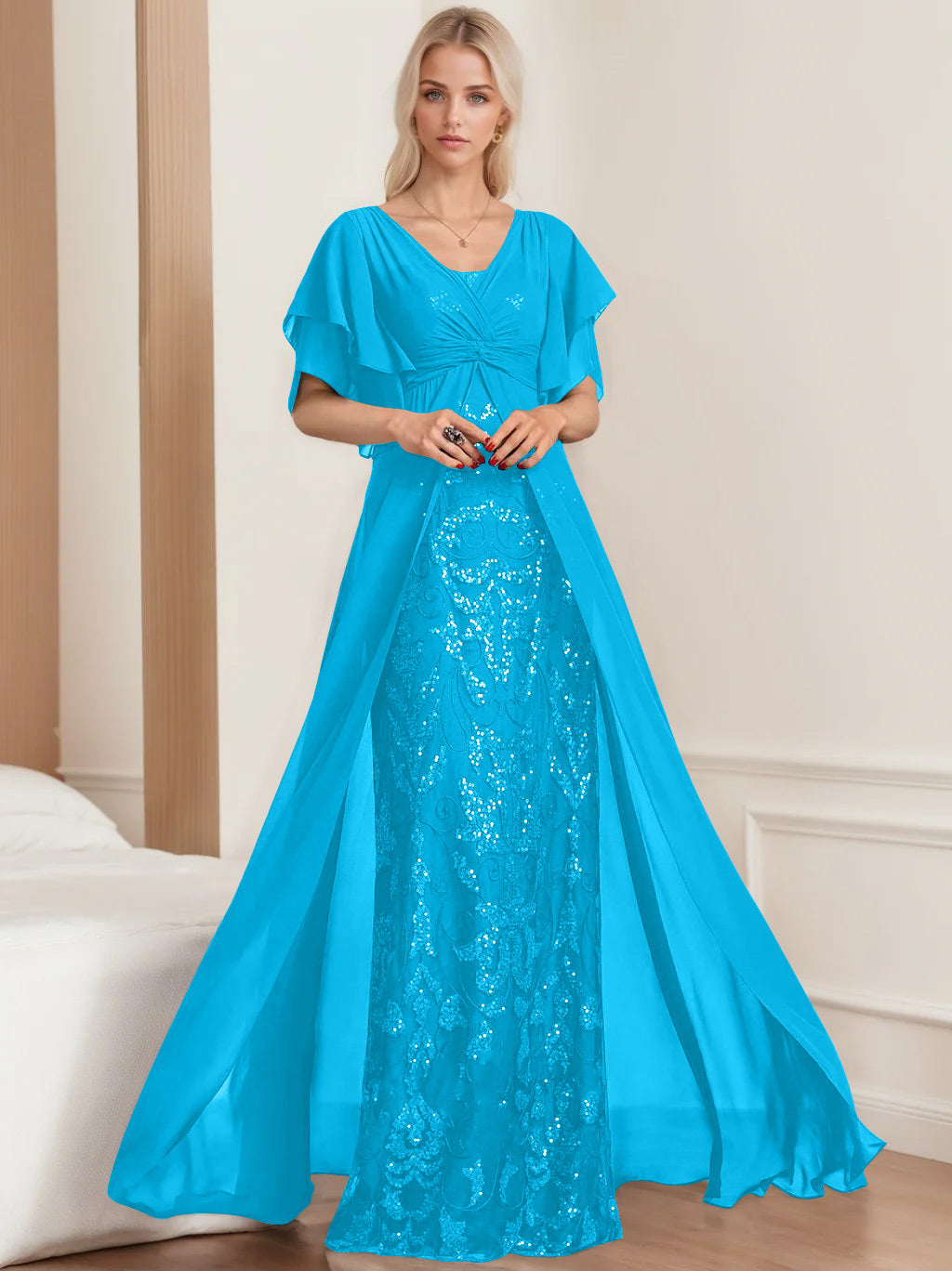 A-Line/Princess V-Neck Half Sleeves Floor-Length Plus SizeMother of the Bride Dresses with Pleated