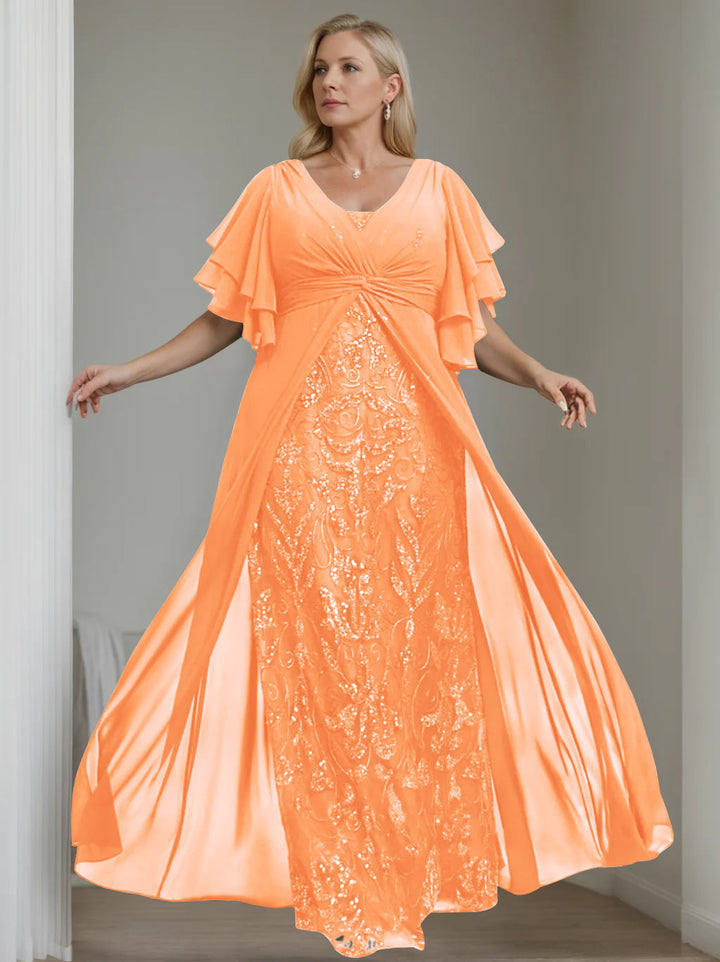 A-Line/Princess V-Neck Half Sleeves Floor-Length Plus Size Mother of the Bride Dresses with Pleated