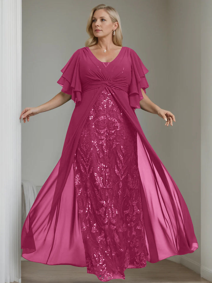 A-Line/Princess V-Neck Half Sleeves Floor-Length Plus Size Mother of the Bride Dresses with Pleated