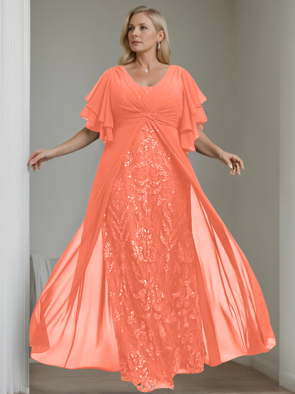 A-Line/Princess V-Neck Half Sleeves Floor-Length Plus Size Mother of the Bride Dresses with Pleated