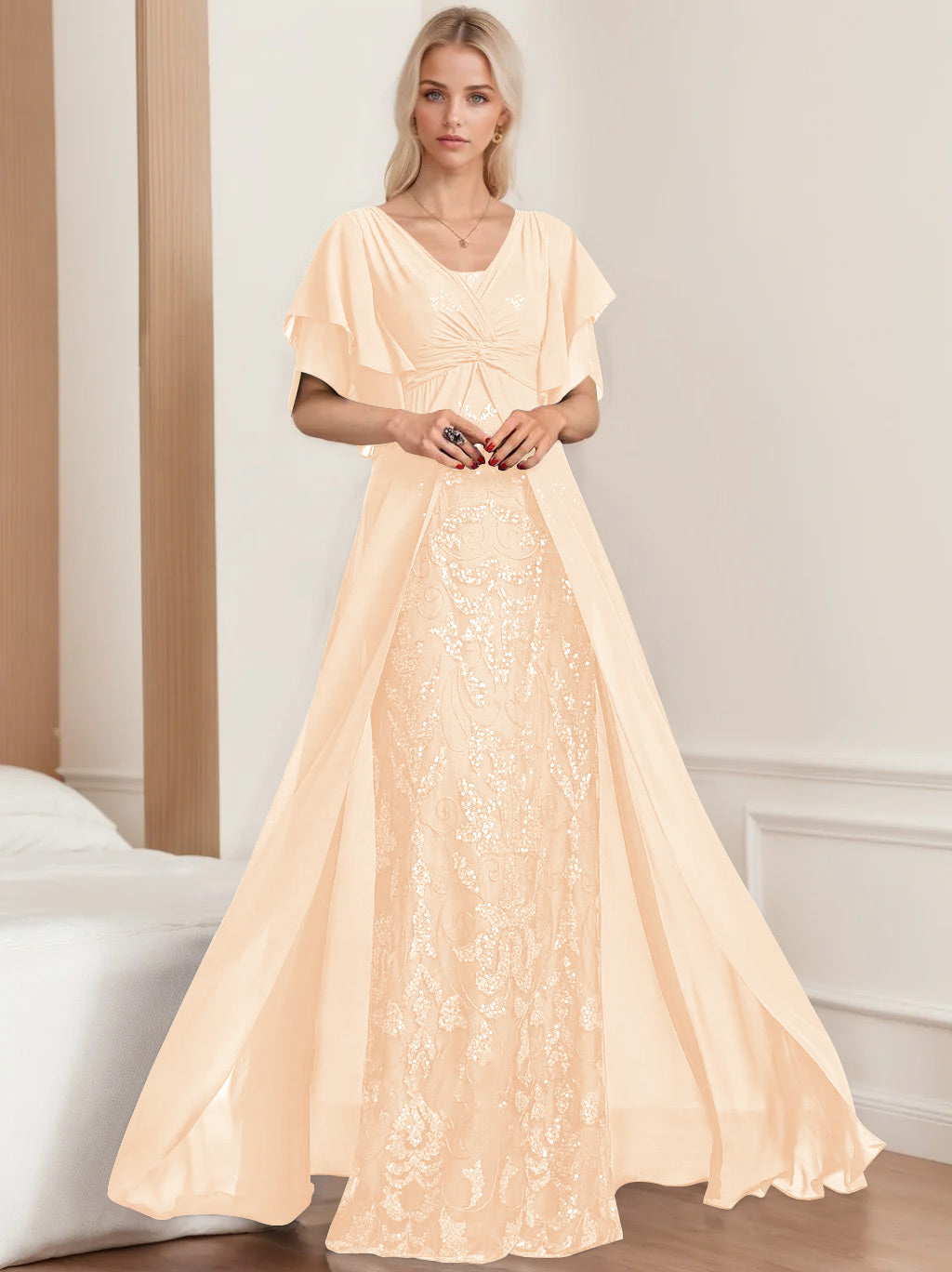 A-Line/Princess V-Neck Half Sleeves Floor-Length Plus SizeMother of the Bride Dresses with Pleated