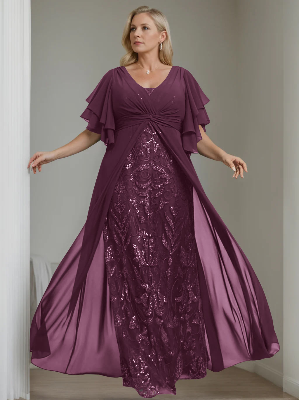 A-Line/Princess V-Neck Half Sleeves Floor-Length Plus Size Mother of the Bride Dresses with Pleated