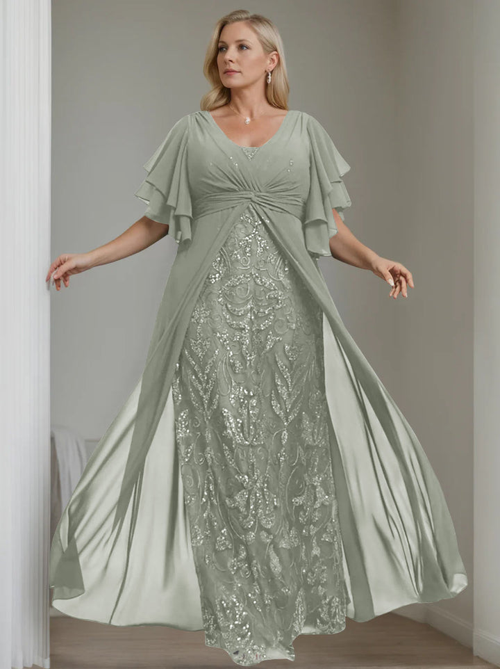 A-Line/Princess V-Neck Half Sleeves Floor-Length Plus Size Mother of the Bride Dresses with Pleated