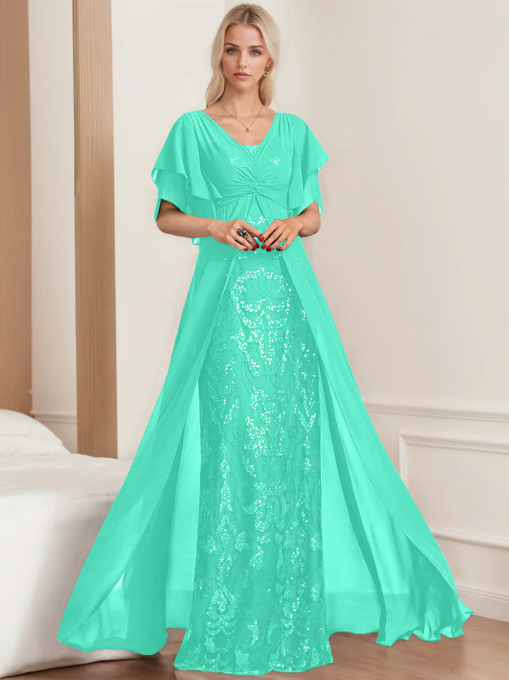 A-Line/Princess V-Neck Half Sleeves Floor-Length Plus SizeMother of the Bride Dresses with Pleated