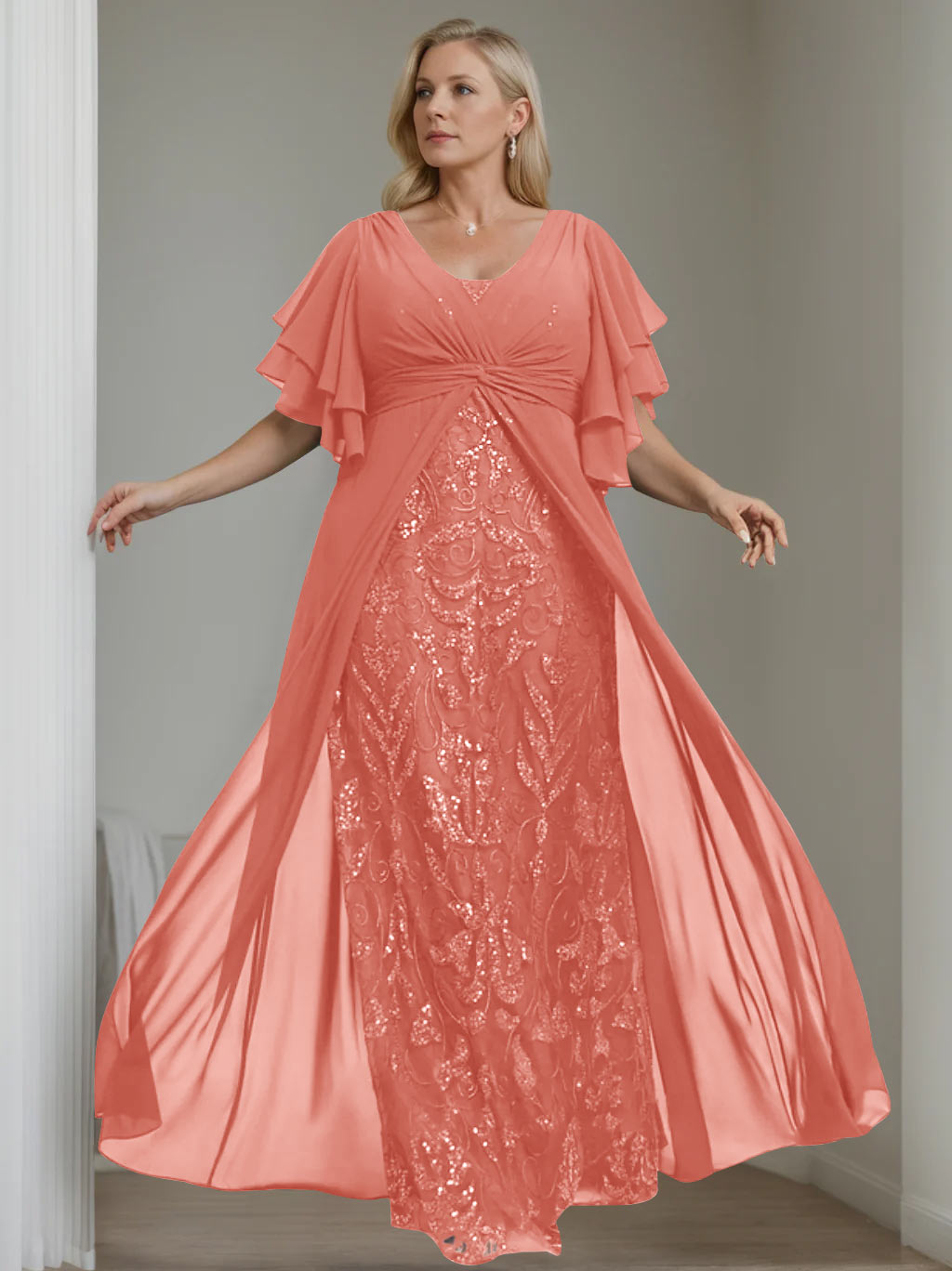 A-Line/Princess V-Neck Half Sleeves Floor-Length Plus Size Mother of the Bride Dresses with Pleated