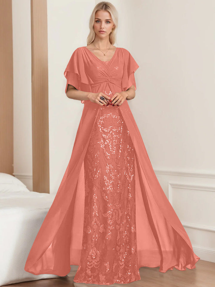 A-Line/Princess V-Neck Half Sleeves Floor-Length Plus SizeMother of the Bride Dresses with Pleated