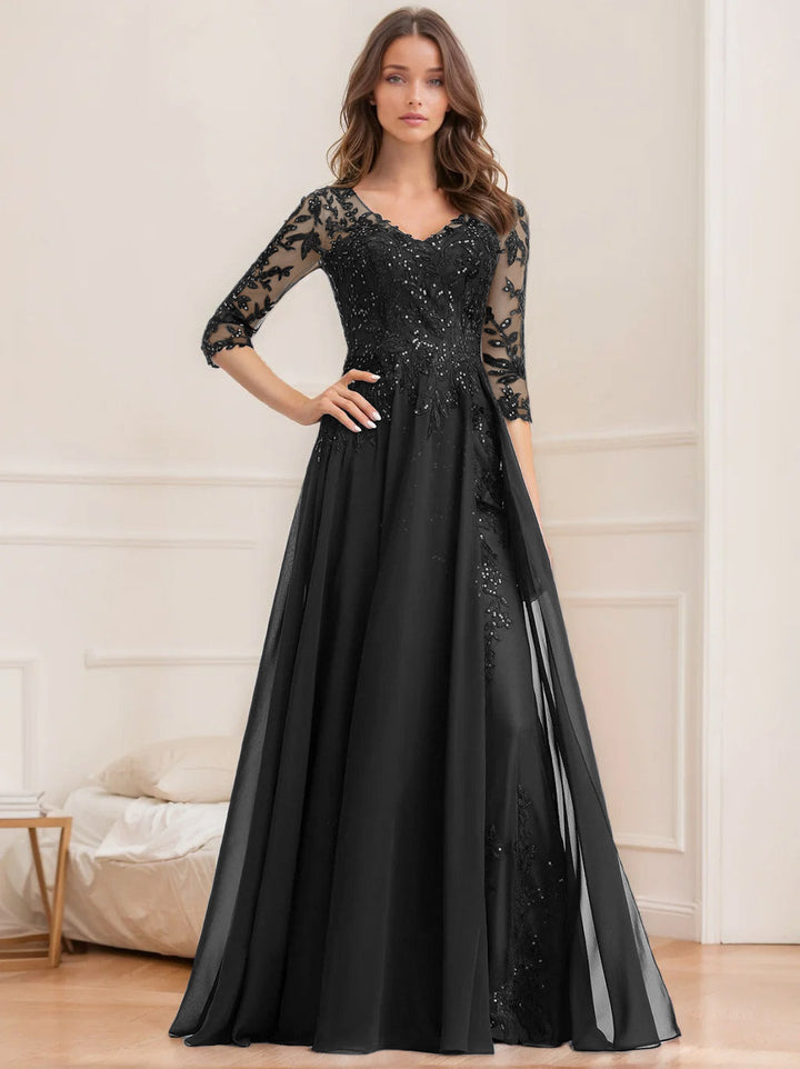 A-Line/Princess V-Neck Half Sleeves Floor-Length Mother of the Bride Dresses with Sequins