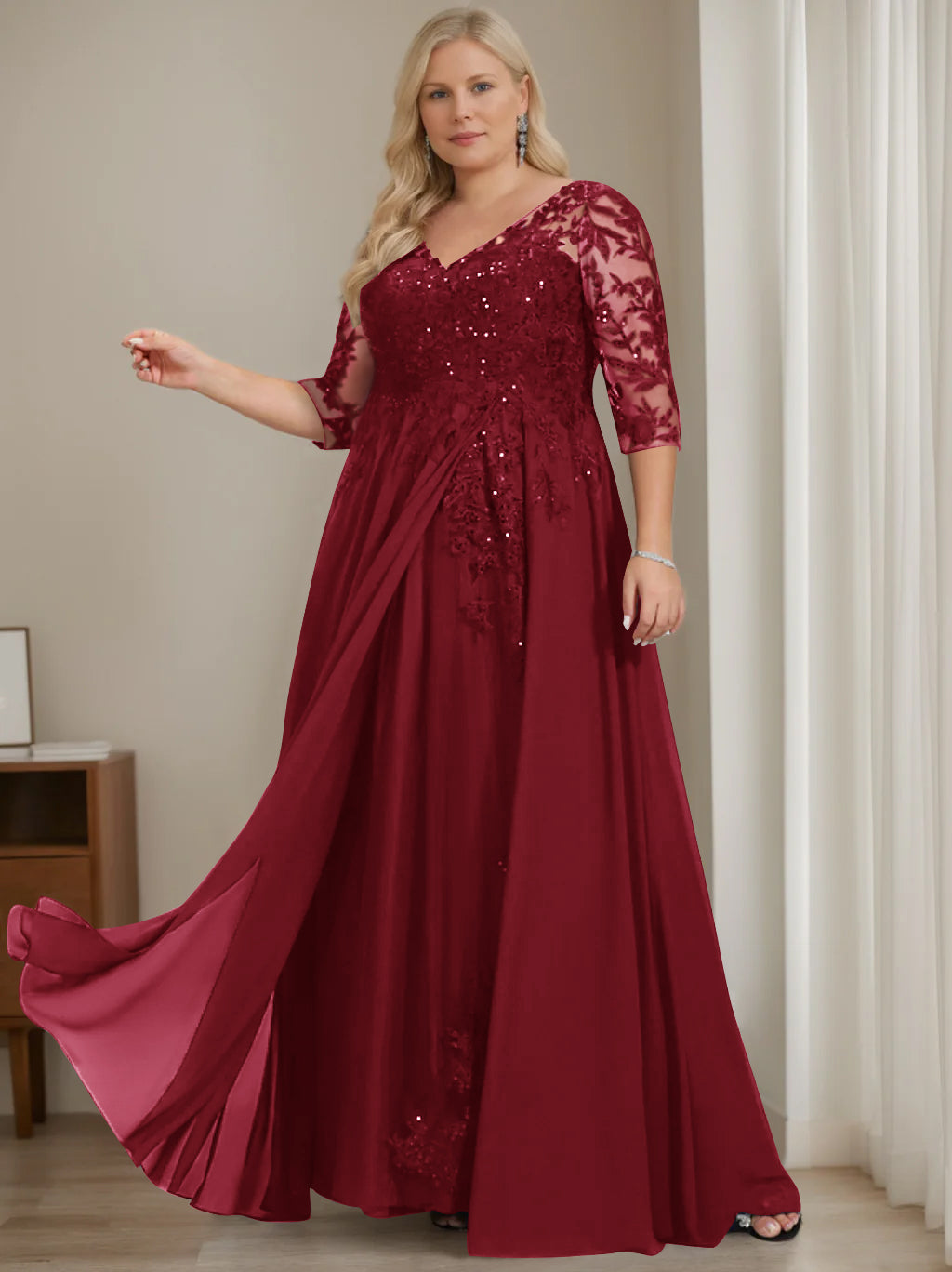 A-Line/Princess V-Neck Half Sleeves Floor-Length Plus Size Mother of the Bride Dresses with Sequins