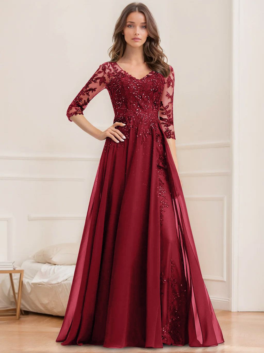 A-Line/Princess V-Neck Half Sleeves Floor-Length Mother of the Bride Dresses with Sequins