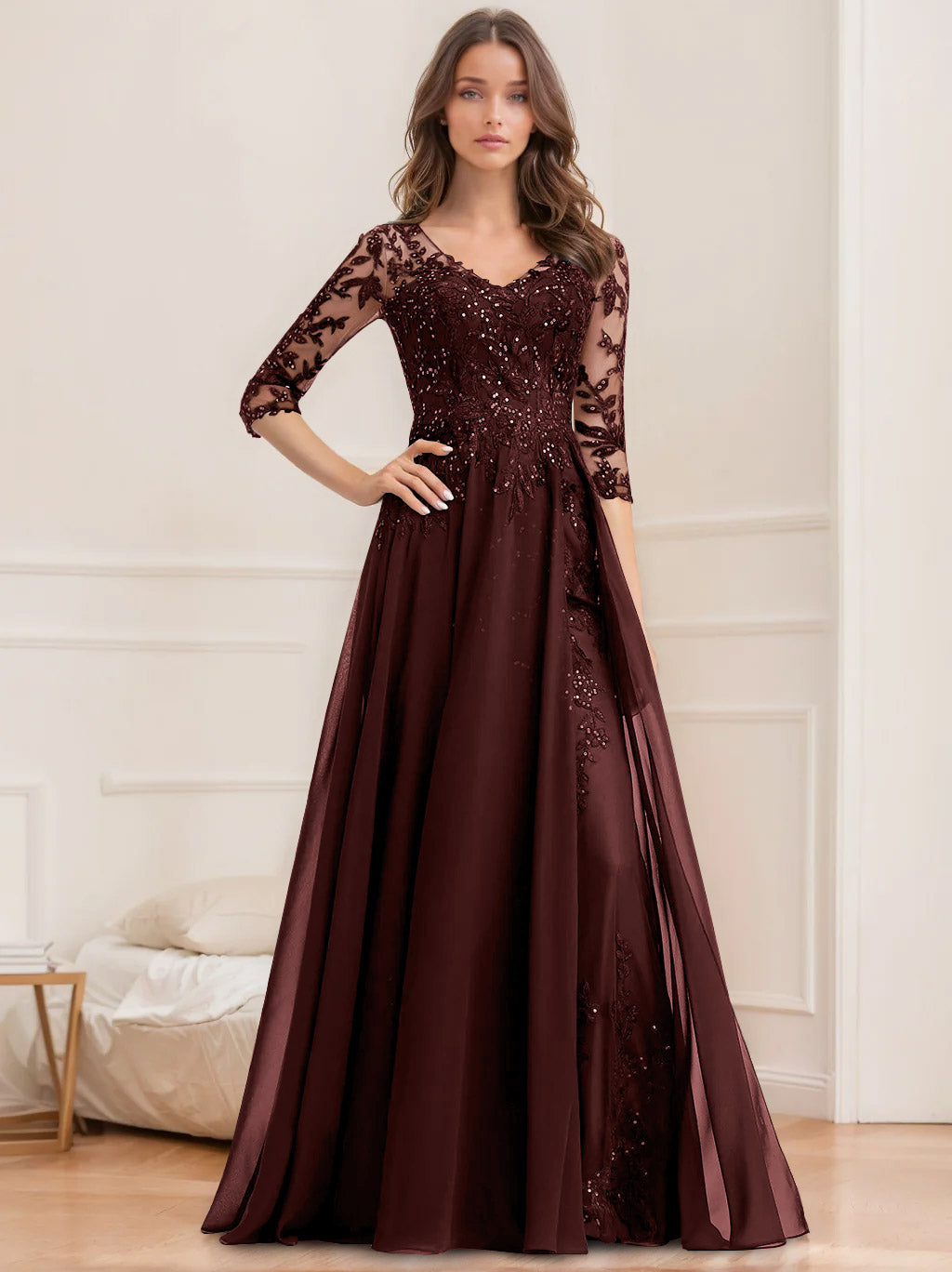 A-Line/Princess V-Neck Half Sleeves Floor-Length Mother of the Bride Dresses with Sequins