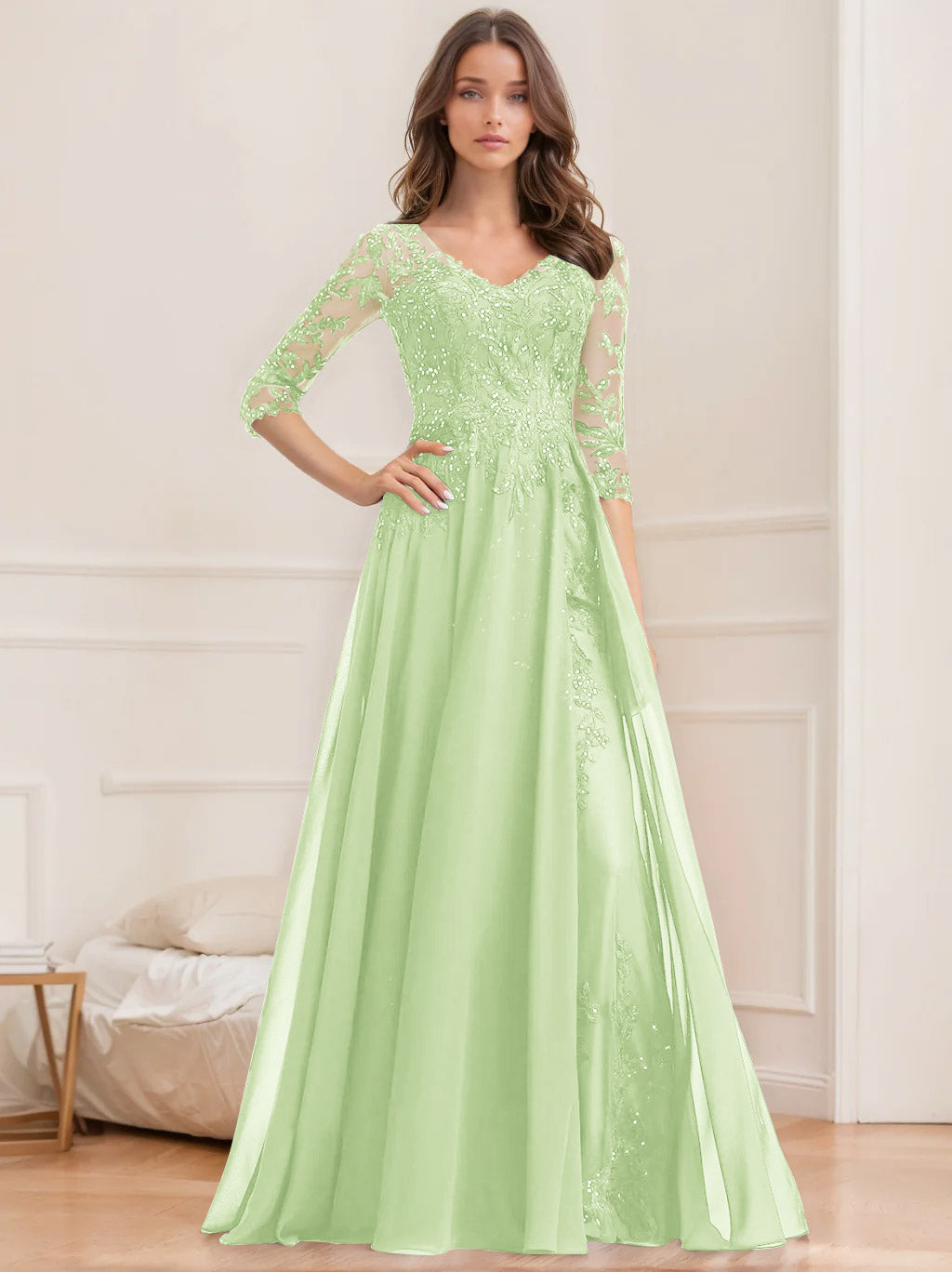 A-Line/Princess V-Neck Half Sleeves Floor-Length Mother of the Bride Dresses with Sequins