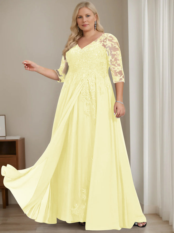 A-Line/Princess V-Neck Half Sleeves Floor-Length Plus Size Mother of the Bride Dresses with Sequins