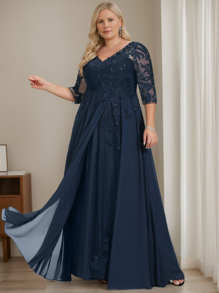 A-Line/Princess V-Neck Half Sleeves Floor-Length Plus Size Mother of the Bride Dresses with Sequins