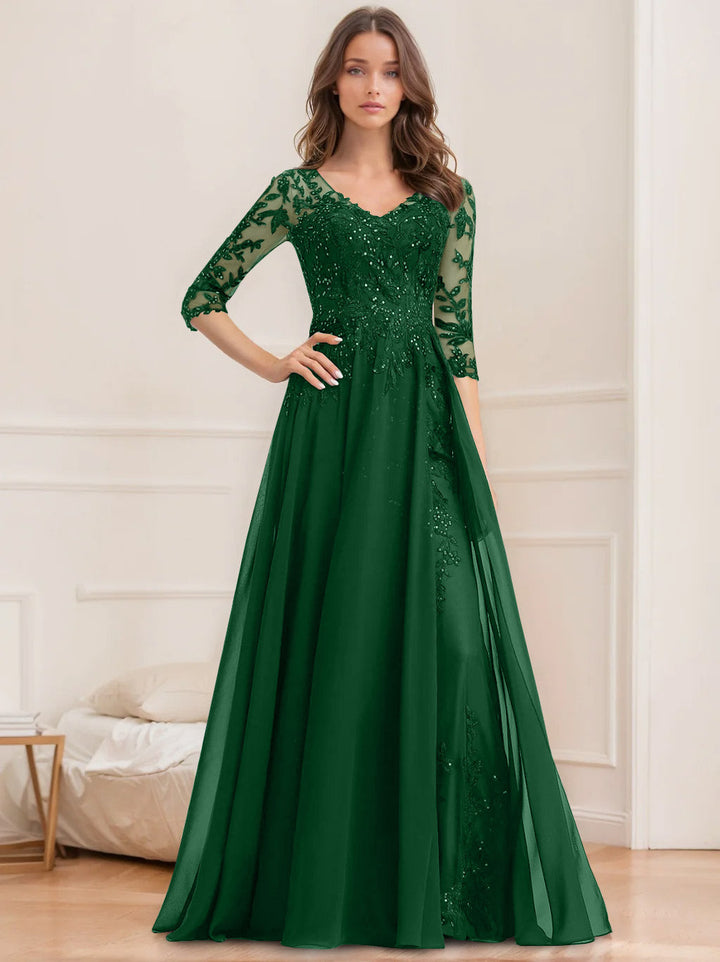 A-Line/Princess V-Neck Half Sleeves Floor-Length Mother of the Bride Dresses with Sequins