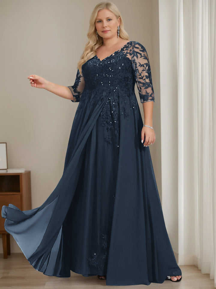 A-Line/Princess V-Neck Half Sleeves Floor-Length Mother of the Bride Dresses with Sequins