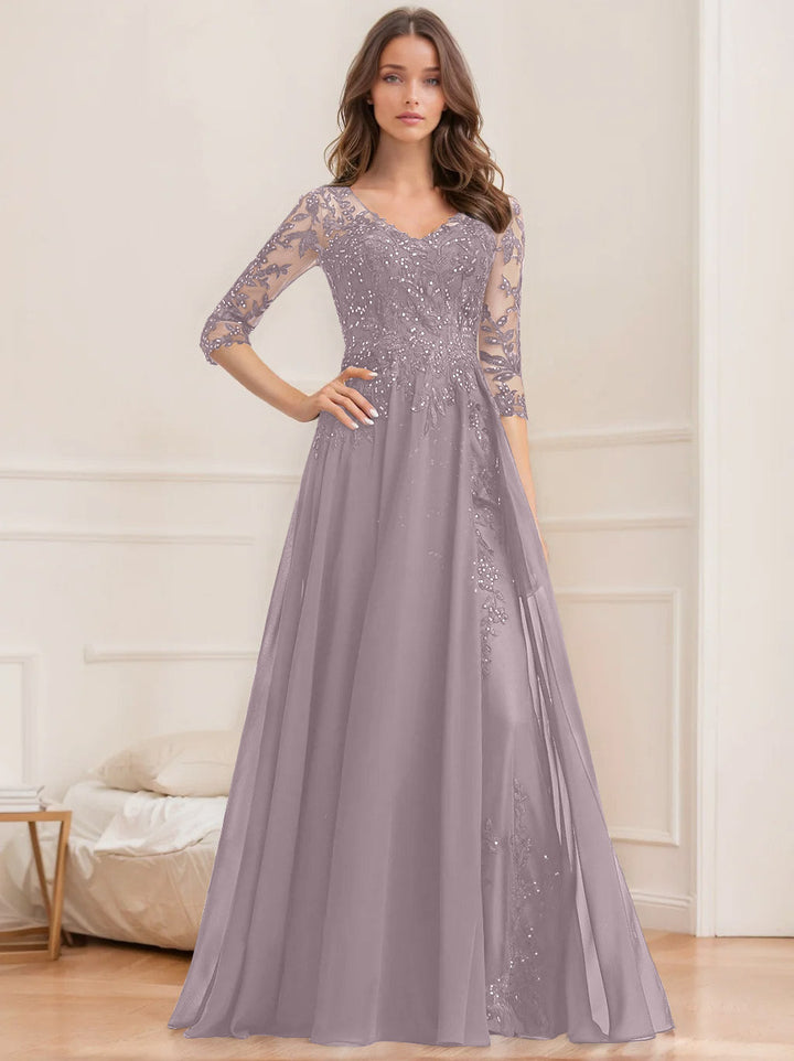 A-Line/Princess V-Neck Half Sleeves Floor-Length Mother of the Bride Dresses with Sequins